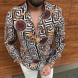 跨境2021秋季新款亚马逊热卖欧美男士长袖衬衫休闲印花上衣shirt