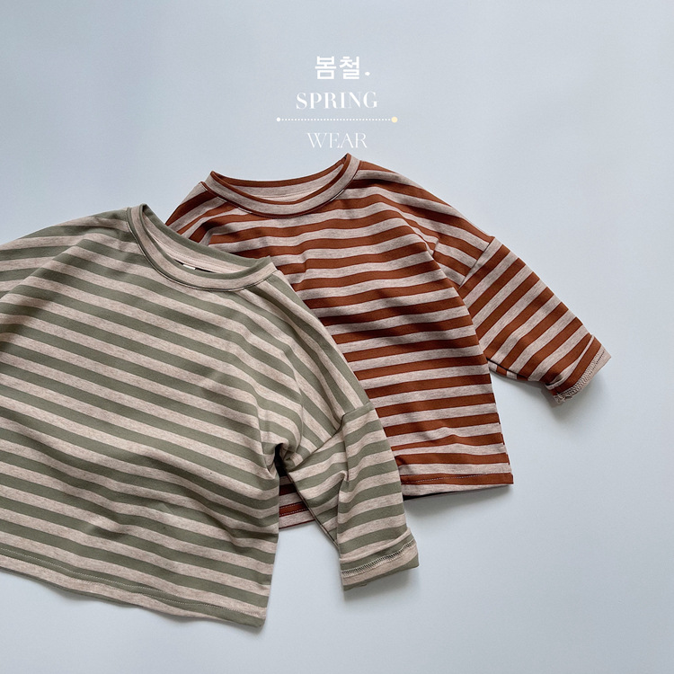 Kaji-kleurenschema~Koreaans klassiek gestreept T-shirt van puur katoen voor kinderen voor jongens en meisjes met een trendy lange mouw_voghion.com