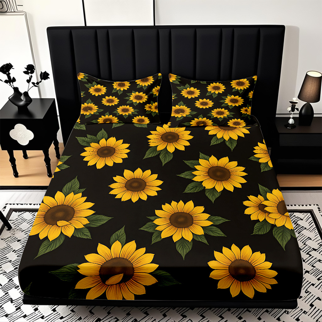 Comercio exterior transfronterizo textil doméstico patrón de girasol impresión digital 3D cama de molienda de tres piezas JIT modelo Temu