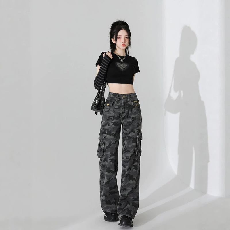 American-Style Camouflage Workwear Jeans for Women, High-Waisted Wide-Leg Straight Pants, Slimming Floor-Length Straight Pants for Women American-Style Camouflage Workwear Jeans for Women, High-Waisted Wide-Leg Straight Pants, Slimming Floor-Length Straight Pants for Women