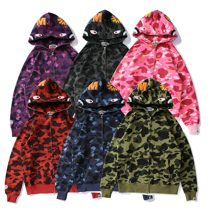 Cross Border Shark Sweater Men's and Women's Camouflage Print Classic Multicolor Embroidered plus size Loose fleece-lined Cardigan Hooded Jacket