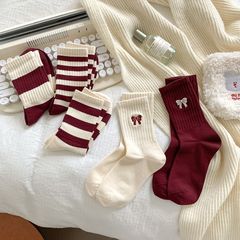 安可拉红袜子女春秋季中筒袜ins潮酒红色蝴蝶结秋冬运动休闲百搭