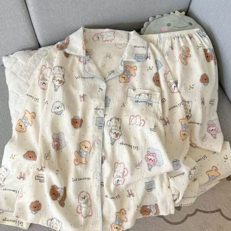 Al por mayor transfronterizo primavera y otoño dulce dibujos animados nubes de algodón pantalones de manga larga pijamas cardigans con solapa cubierta de ropa para el hogar