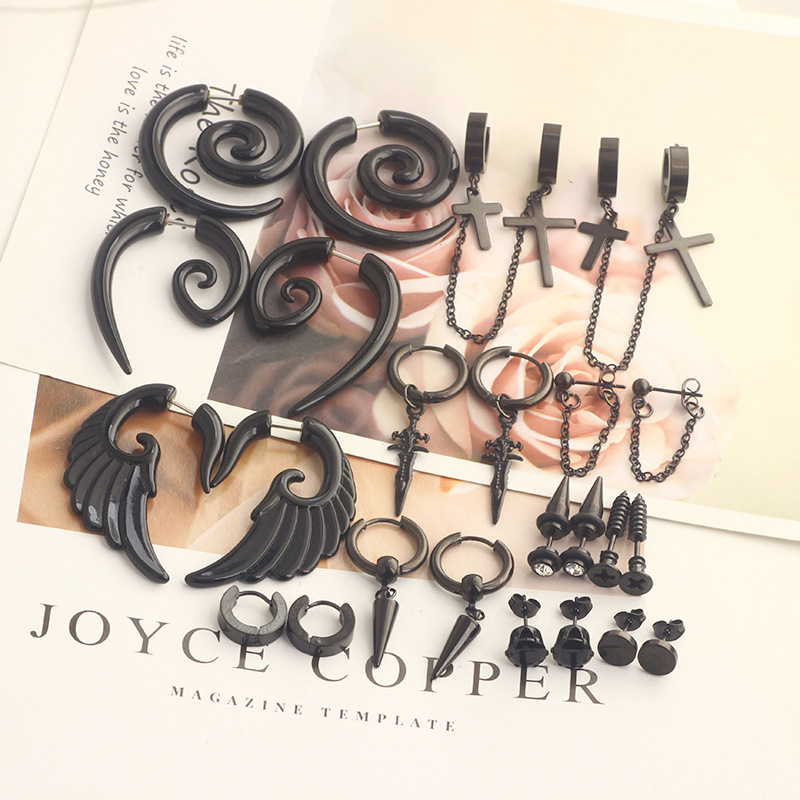 Black Cone Ear Studs Set for Men - Fashion Geometric Stainless Steel Earrings detail image 7