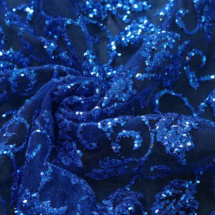 2024 nuevo hilo de malla azul hojas espumantes polvo brillante polvo rociado oro tela de vestido de boda