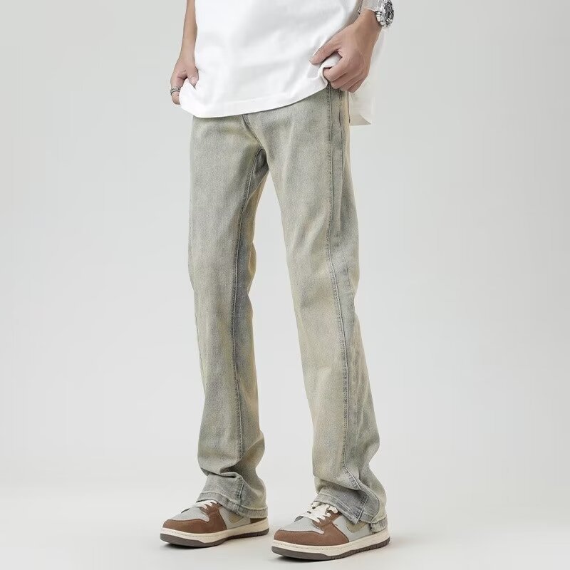 Vaqueros teñidos de barro amarillo para hombres lavados y desgastados en primavera American Retro Trendy Brand High Street Micro Pants 2024