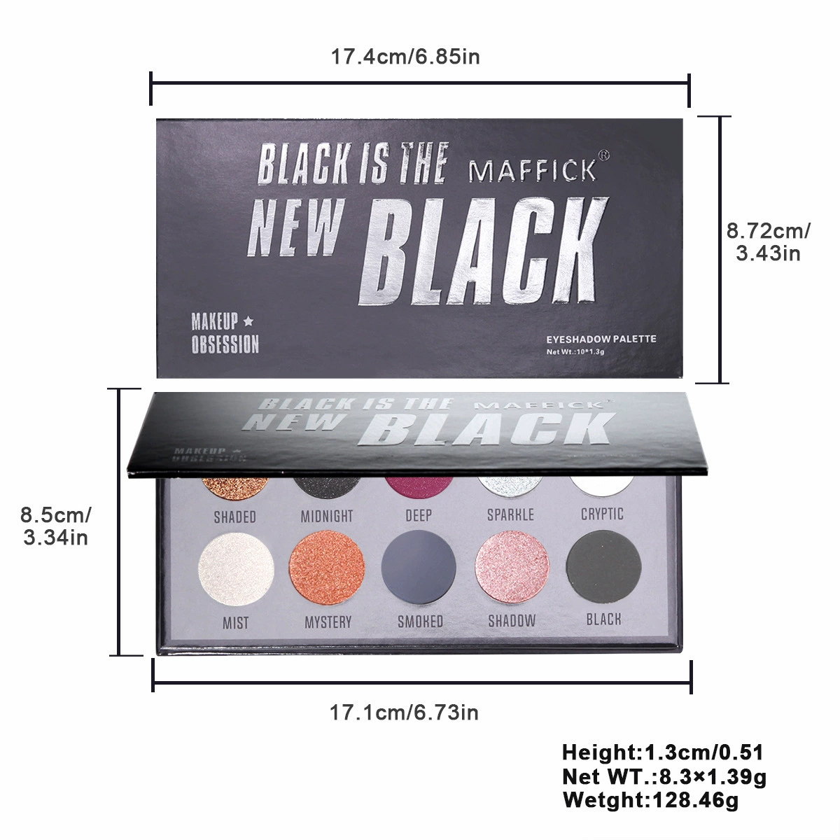 PALETA теней MAFFICK 10 цветов BLACK smoky, перламутровые тени для век