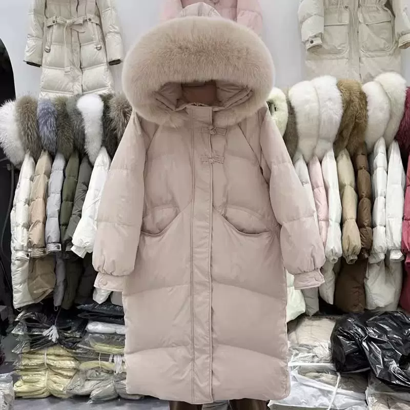 平湖白鸭绒羽绒服带毛领中长款冬季外套女十三行折扣女装尾货批发