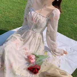 春夏新款绝美长袖连衣裙仙女超仙森系温柔风茶歇法式初恋裙子
