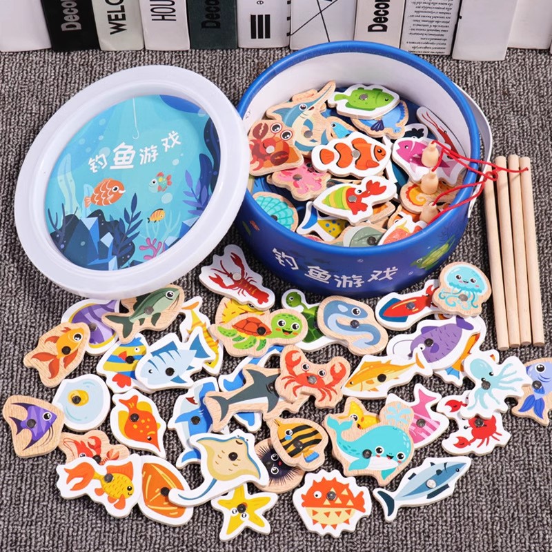 Juguetes de pesca magnética de madera, niños pequeños, bebés, diversión cognitiva, peces pequeños magnéticos, educación temprana, inteligencia, juegos para padres e hijos