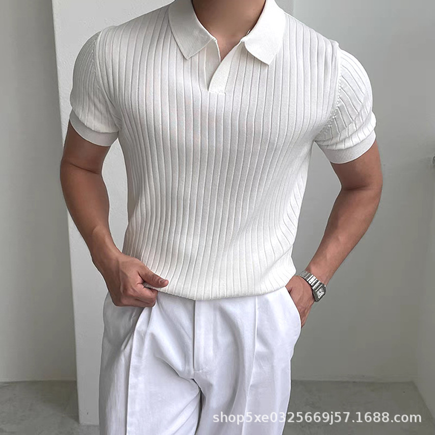 Camisa de polo de punto cruzado con cuello en v de productos europeos, suéter de manga corta elástico ajustado para hombre, solapa, camiseta fresca, suéter de seda helado