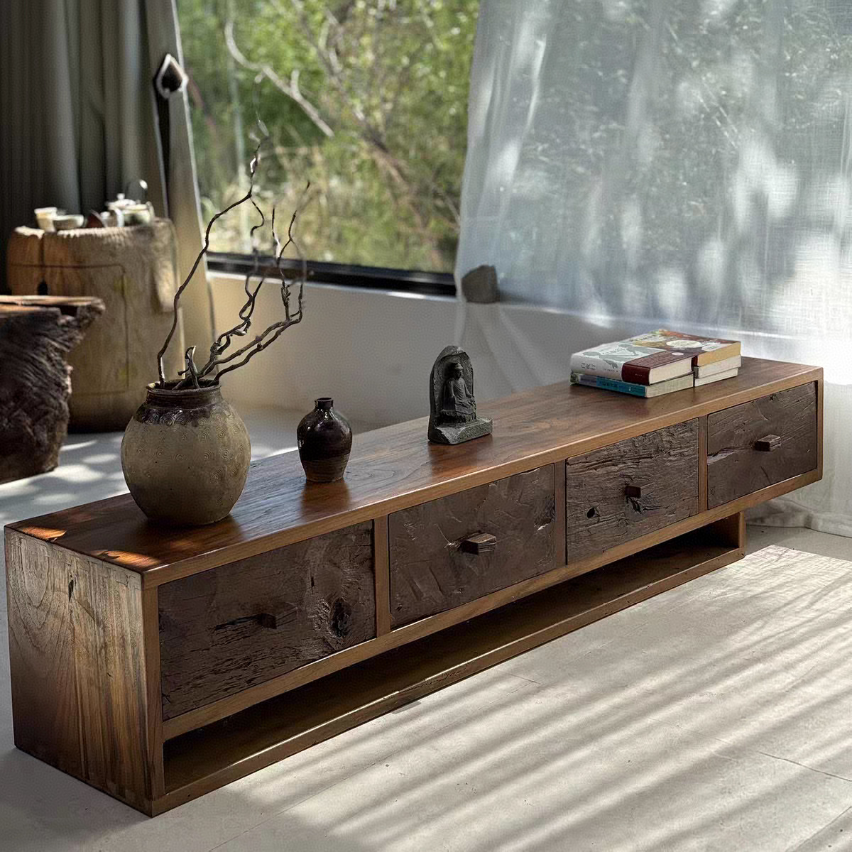 Wabi-Sabi Style Old Elm Weathered Tv Cabinet B&B Inn Living Room Floor Cabinet Second-Hand Small Apartment Storage Cabinet