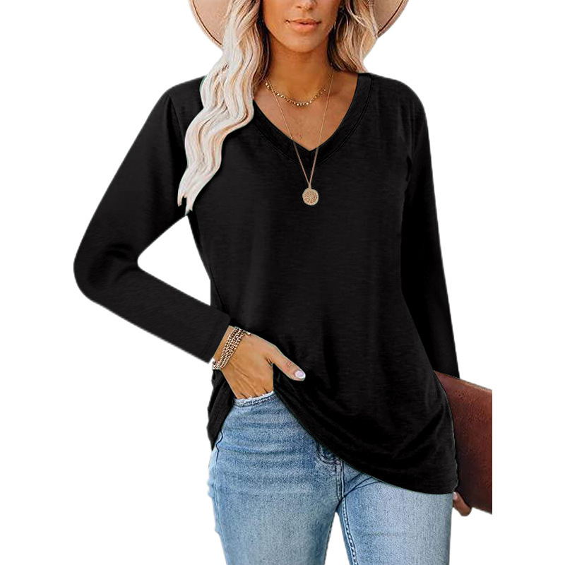 Women's T-shirt V-neck Loose Long Sleeved Solid Colour Top_voghion.com