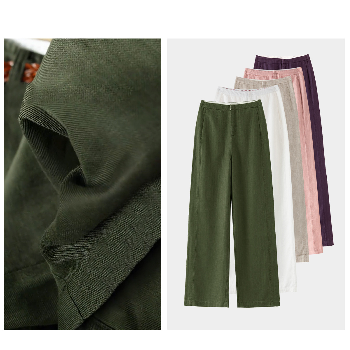 Beech Wood Green Raindrop Linen Tencel Linen Pants for Women, Summer Thin Wide-Leg Pants, High-Waisted Narrow Straight-Leg Pants for Tall Women, Slimming Effect