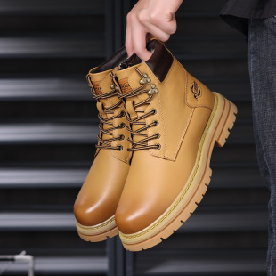 First-Layer Cowhide Men's Rhubarb Boots Genuine Leather Wool Boots Fleece-Lined Warm Outdoor Men's Fashion Men's Shoes Boots