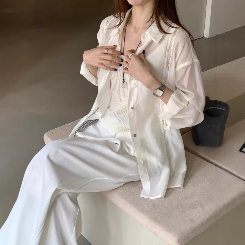 Korean Style Women's High-End Lace Splicing Thin Tencel Sun Protection Shirt for Women, New Summer Style, Lazy Loose Top Korean Style Women's High-End Lace Splicing Thin Tencel Sun Protection Shirt for Women, New Summer Style, Lazy Loose Top
