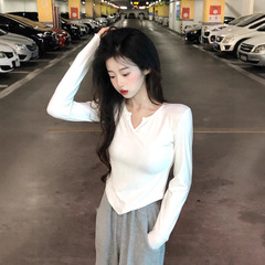 2025打底衫女春秋修身纯欲正肩新款感长袖内搭设计T恤显瘦上衣V领