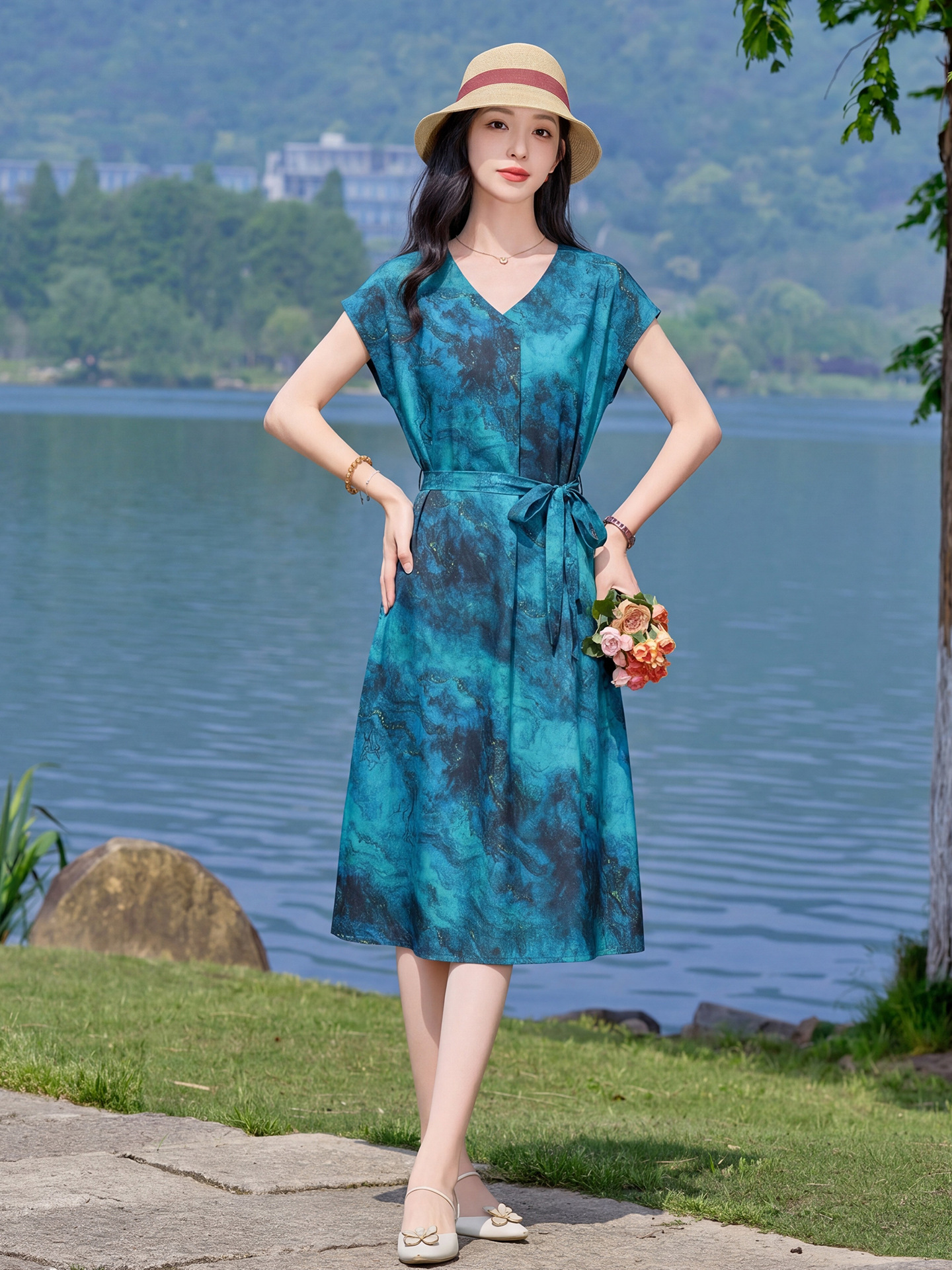 Đầm maxi nữ V cổ thắt eo họa tiết hoa nhí — xanh lam, màu vàng, màu đỏ