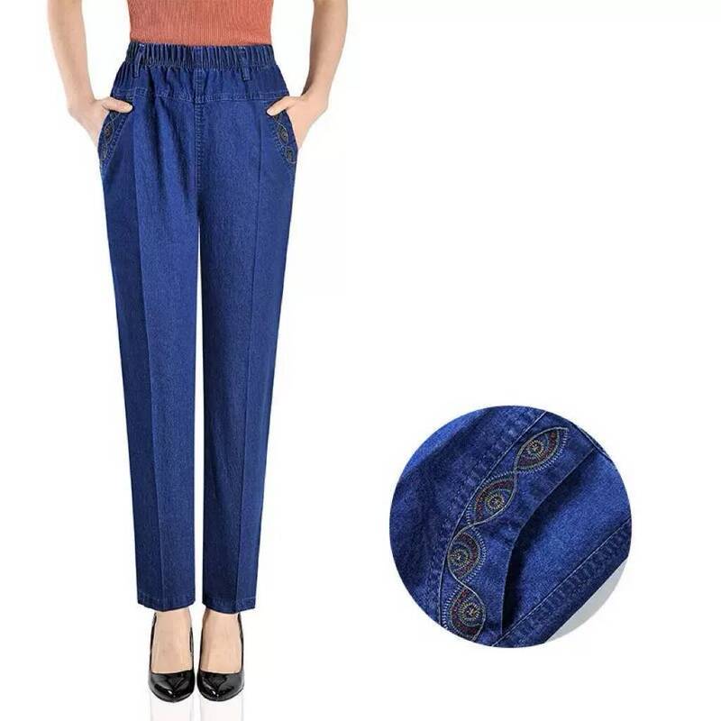 Spring and Autumn New Women's High Waist Jeans Elastic Waist plus size Women's Pants for Middle-aged and Elderly Mothers Denim Cropped Pants Elastic