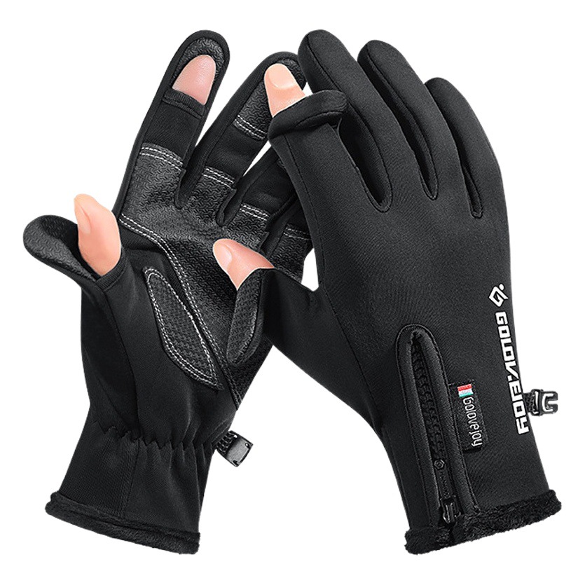 Guantes de Ciclismo de invierno para llevar pesca fugas dos dedos al aire libre a prueba de viento cremallera pantalla táctil guantes de protección para hombres guantes gruesos forrados de lana