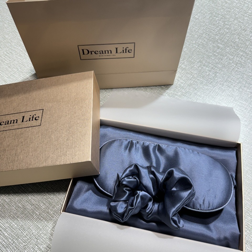 Regalos de alta gama, almohada de seda de alta calidad, cubierta de ojos, anillo de cabello, caja de regalo de seda, 100% seda de morera, conjunto de tres piezas