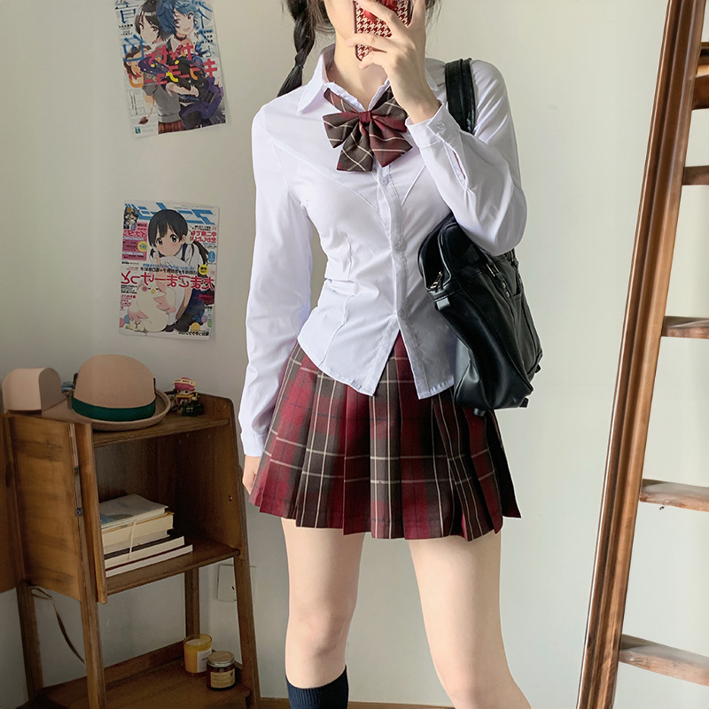 (2개) 일본 대학 스타일 JK 유니폼 화이트 셔츠 긴팔 허리 셔츠 슬림 핏 원피스 올 매치 세트 여름 스위트