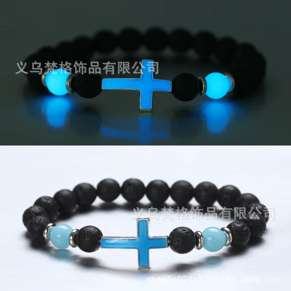 Cross-Border New Hot Selling Natural Volcanic Stone Luminous Retro Bracelet Multi-Color Luminous Cross Bead Bracelet Bracelet