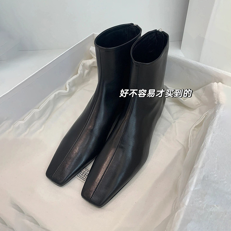 牛皮版~法式小踝靴异形跟瘦瘦靴真皮低跟马丁靴女方头洋气小短靴|undefined