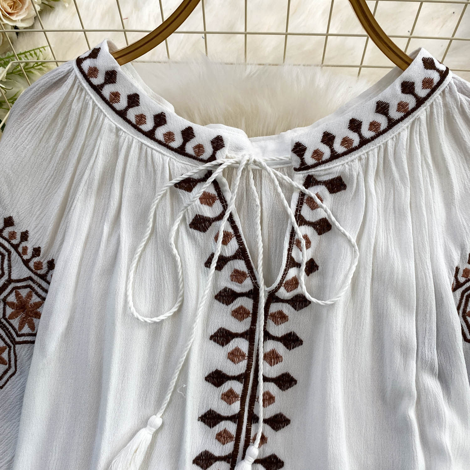 Women's Bohemian Style Sweet Embroidered Tie Neck Round Neck Mid Sleeve T-Shirt Summer Loose Fit Slimming Ethnic Retro Top_ecoleips.com