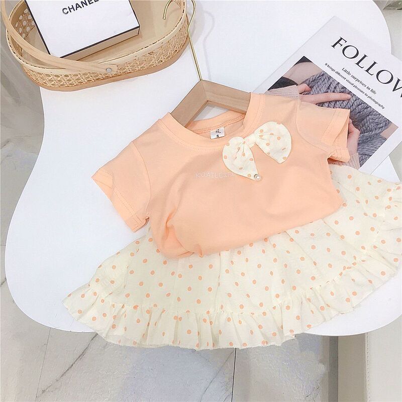 純綿夏女の子半袖Tシャツトップス水玉スカート2点セット子供用Tシャツセット|undefined