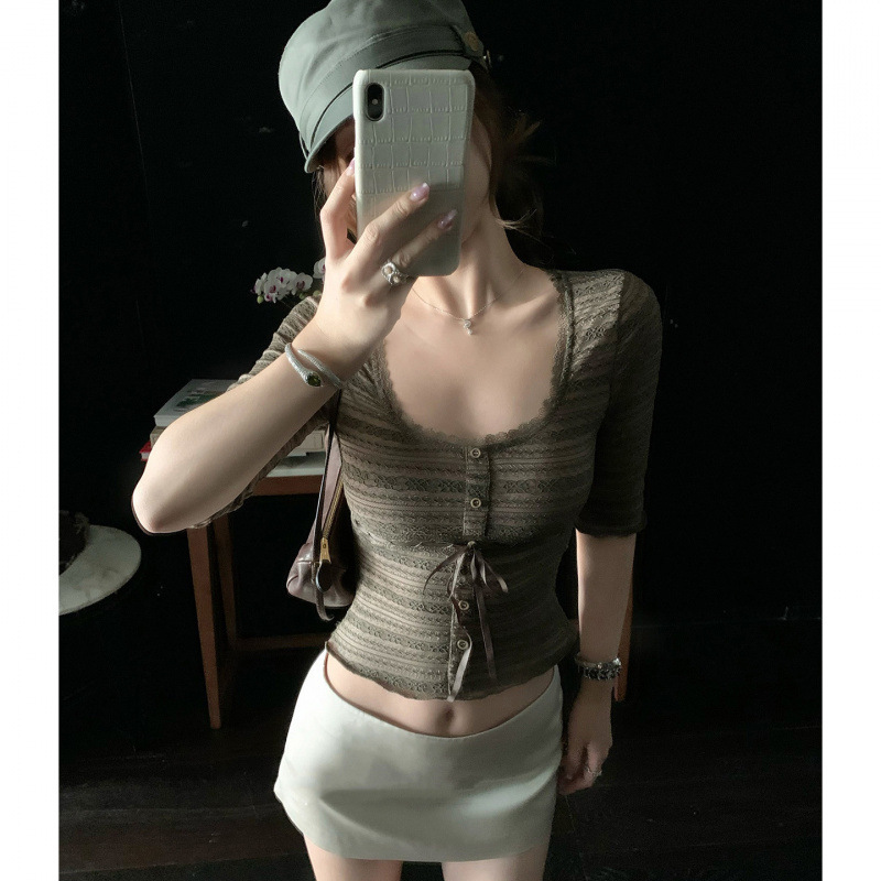 American-Style Spicy Lace-Trimmed Short-Sleeve Shirt for Women, Summer Retro Striped Tie-Up Tight-Fitting Short Square-Neck Clavicle Top Hot Trend