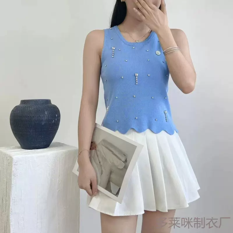 夏季新款辣妹钉珠无袖针织背心小众修身短款纯色上衣外穿