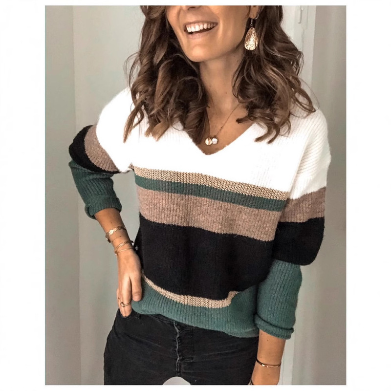2026 Autumn and Winter New European and American Plus-Size Amazon Aliexpress Hot-Selling Patchwork V-Neck Pullover Sweater for Women