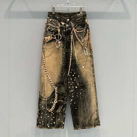 「深圳南油」高版本AC厚克重泼墨图案牛仔长裤男女同款复古美式