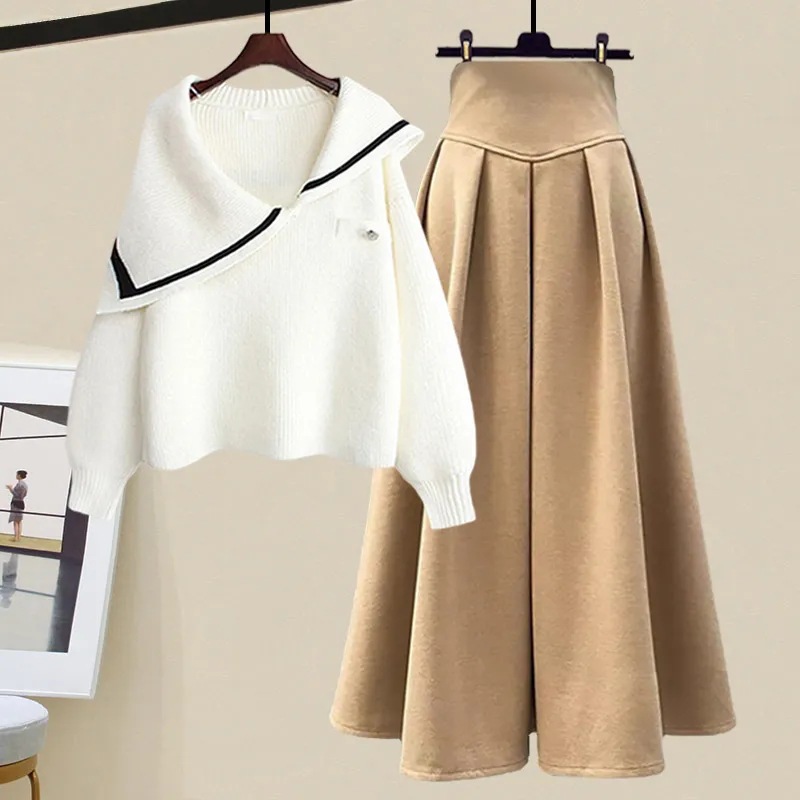 Damenbekleidung Große Größen Herbst- und Winteranzüge für Damen Neue lockere Marineblau-Kragenpullover Schlanker Rock Zweiteiliger Anzug Trendy_voghion.com