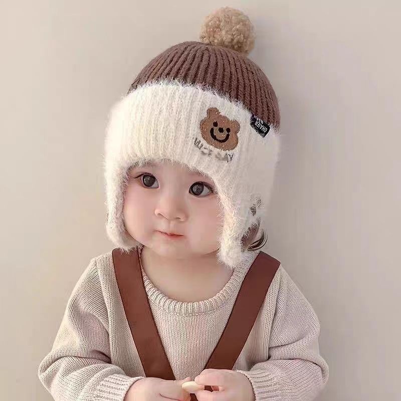 子供用ウール帽子、耳保護とベルベット、秋冬のかわいいクマとミンクの毛皮、ファッショナブルなベビー帽子、ファッショナブルなニット帽|undefined