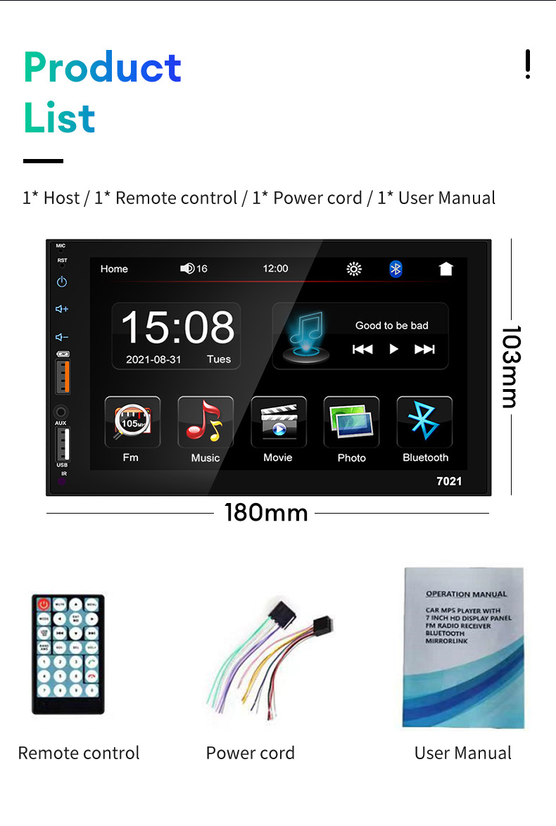 7101 Car Mp5 Bluetooth Player with High-Definition Touch Screen, Reversing Image, Fm Radio, Dual USB Ports