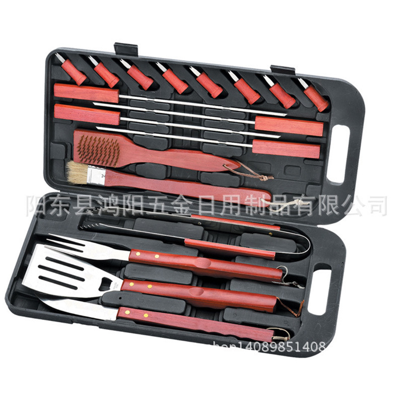 [Fuente de fábrica] Herramienta de barbacoa de acero inoxidable mango de madera grande 18 piezas caja de plástico para hornear herramienta traje cepillo de limpieza