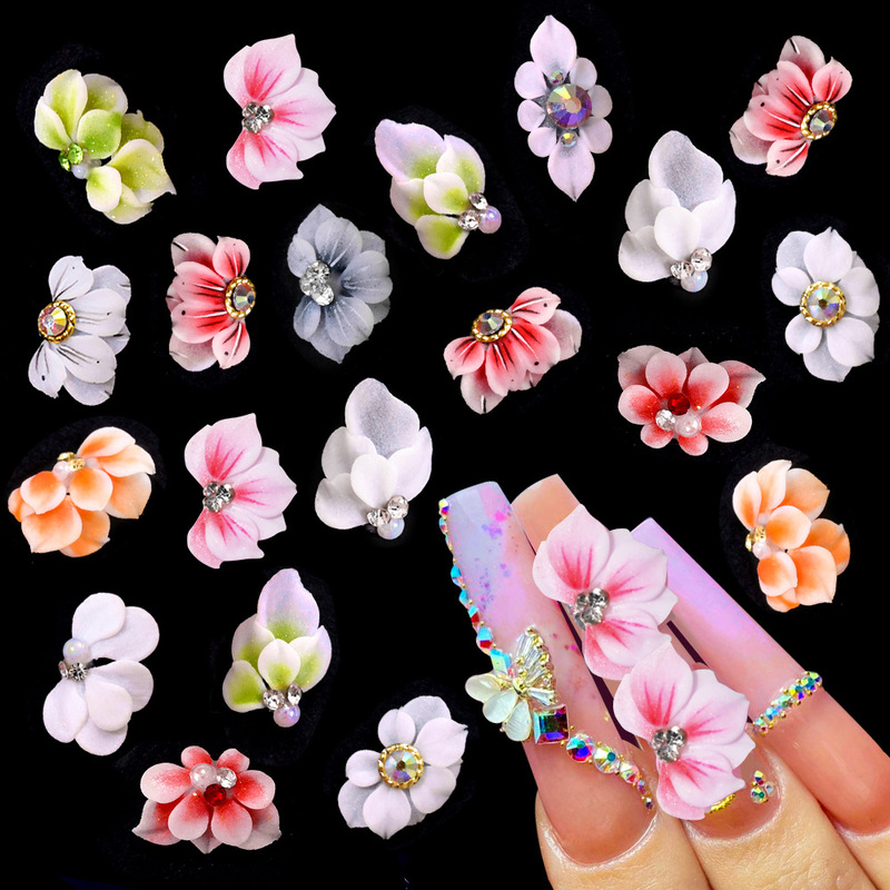 Cross-Border Hot-Selling 1Pcs Crystal Carved Nail Art Accessories Resin Flower Inlaid with Diamonds Red Green Gradient Nail Accessories