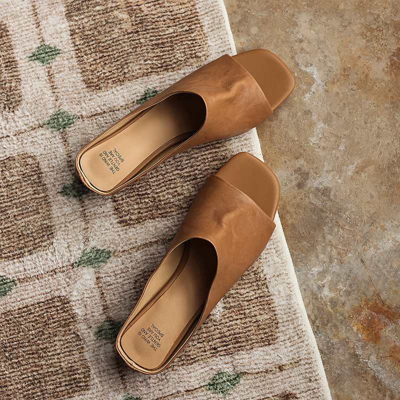 Sandal nữ da bò quai ngang gót thấp hở mũi phong cách Hàn Quốc — đen chi tiết 17