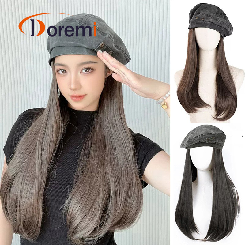 Verstelbare hoed pruik denim baret lang steil haar licht gekruld metaal klein zakje chemische vezel dames hoed pruik_voghion.com