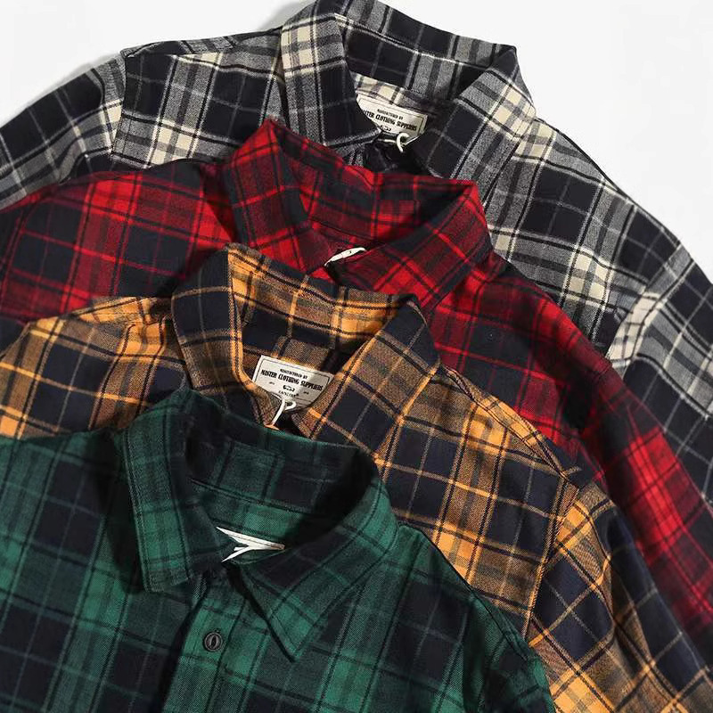 Heavy 300g American Retro Plaid Shirt Trendy Ami Kaji Thickened Double Pocket Workwear Long Sleeve Shirt Men