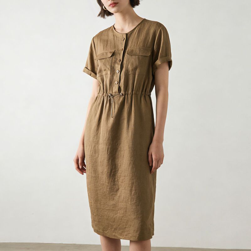 Xinge 2026 Summer Linen Elegant Commuter Dress with Drawstring Waist, Loose Fit, Mid-Length, Structured Cut