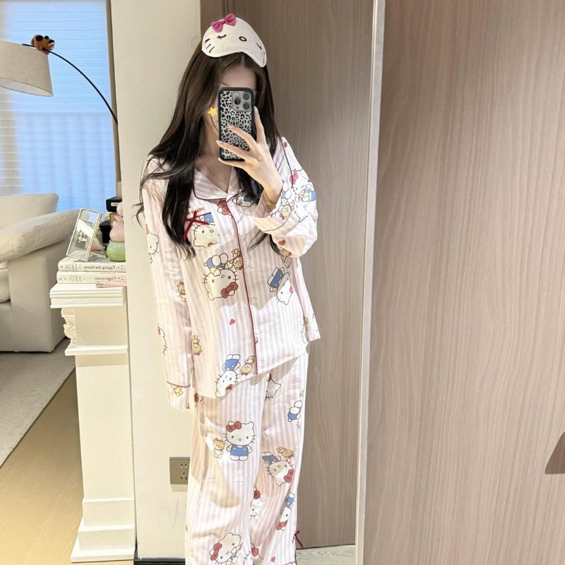 韩系条纹可爱hellokitty睡衣女春秋2025新款少女甜美家居服可外穿|undefined