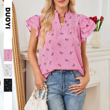 2025欧美跨境爆款亚马逊独立站女士V领多层荷叶袖甜美雪纺上衣