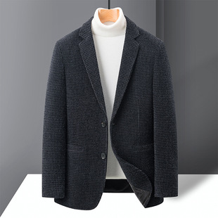 Houndstooth Double-Sided Woolen Coat Men's Korean Casual Dress Collar Short Casual Woolen Coat for Men