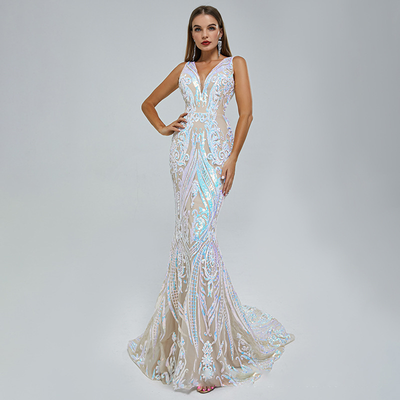2025 Cross-Border New Annual Meeting Evening Dress European and American Sleeveless Sexy V Neck Dress Banquet Prom Sequin Dress