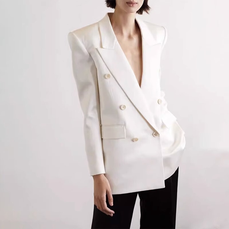 Th~ Row Normcore Double-Breasted Design Silk Satin Shoulder Pad Long-Sleeved Suit for Women 2025 Spring & Fall New Outwear for Women