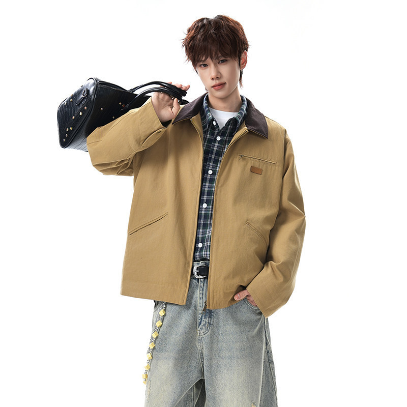 Casual oversized workwear jacket for men, vintage style, distressed look, canvas fabric, pure thick heavy-duty work jacket