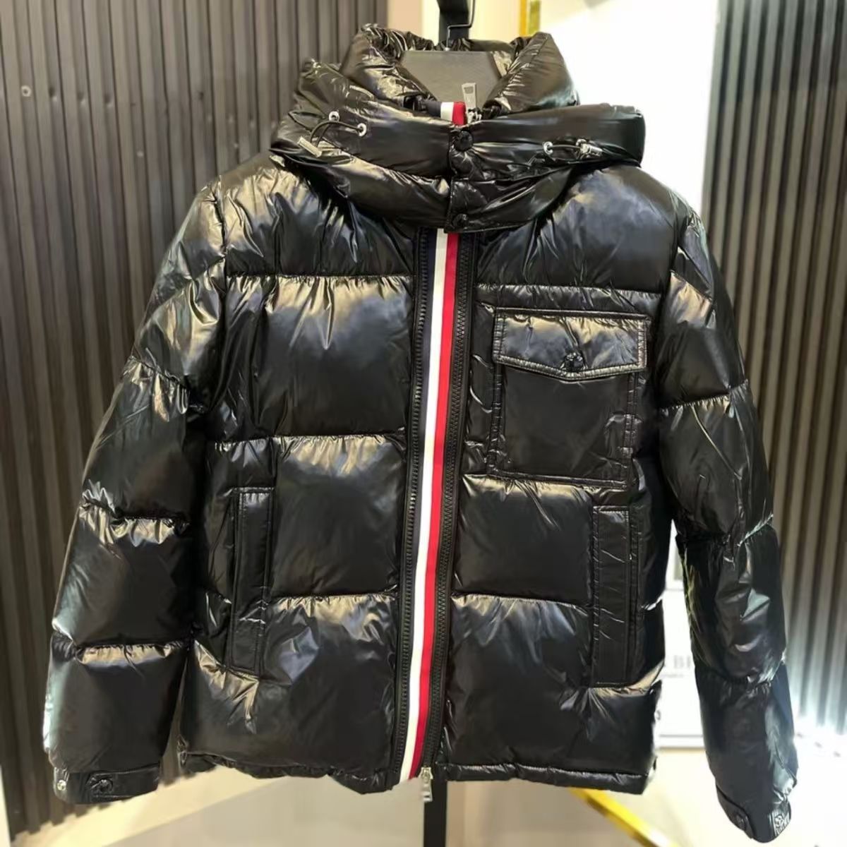 跨境爆款蒙家彩虹条三色织带2025冬季羽绒棉服男女同款连帽面包服